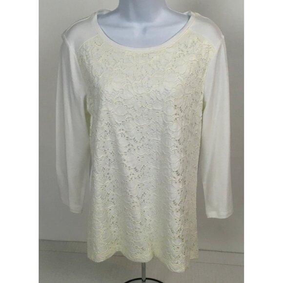 Croft and Barrow Women Top Size Small White with Floral Lace Front Short Sleeves - Picture 1 of 16